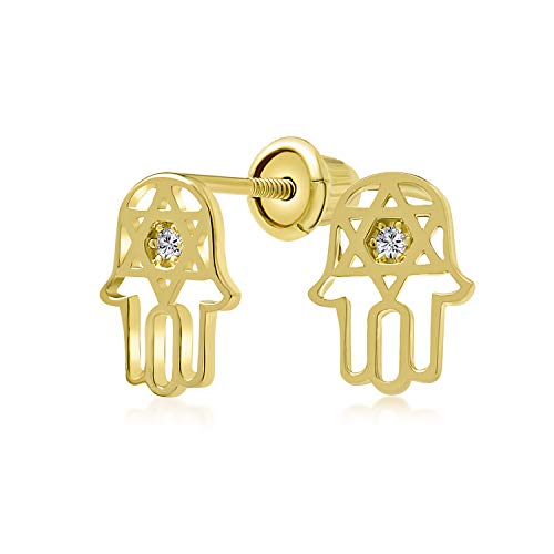 Tiny Petite Judaic Jewelry CZ Accent Real 14K Yellow Gold Hamsa Hebrew Chai Life Star Of David Judaic Stud Earrings For Women Teen For Bat Mitzvah Secure Screw Back