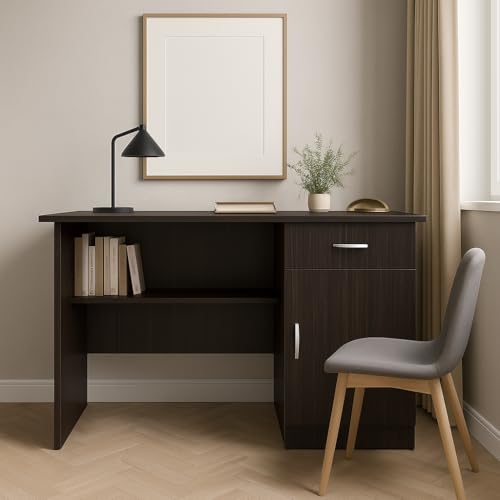 Image of 120x60x75cm Engineered Wood Study & Office Table with 1 Drawer & Cabinet | Termite & Scratch Resistant, Ample Leg Space, Sturdy Desk for Students | 1 Year Warranty- Teak Walnut
