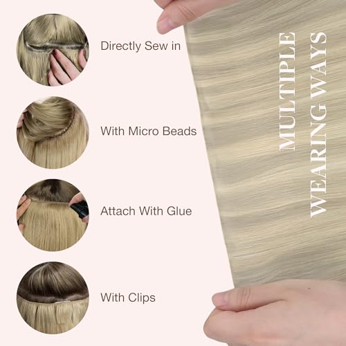 Image of GOO GOO Genius Weft Hair Extensions Human Hair, Sew In Weft Extensions, Seamless Blend & No Bulk Flat, Natural Volume for Women, 17A /60A Ash Blonde Highlighted Platinum Blonde 14 Inch 50g