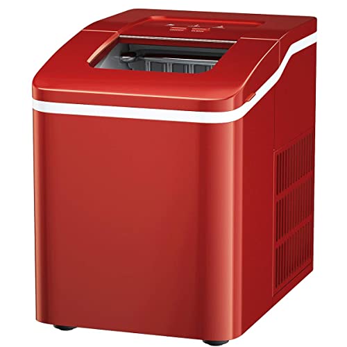 Posdutti Ice Maker Machine for Countertop Bullet-Shaped Ice Cubes Ready in 8 Mins 26Lbs/24H Portable Electric Ice Maker w/Basket & Scoop Self-Cleaning Function Perfect for Home Office (Red)