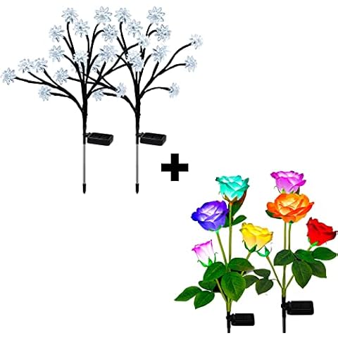 TONULAX Solar Garden Lights - 2 Pack Solar Landscape Tree Lights and 2 Pack Solar Rose Lights, Larger Solar Capacity, Solar Decorative Lights Outdoor for Pathway, Patio, Front Yard Decoration( Cover