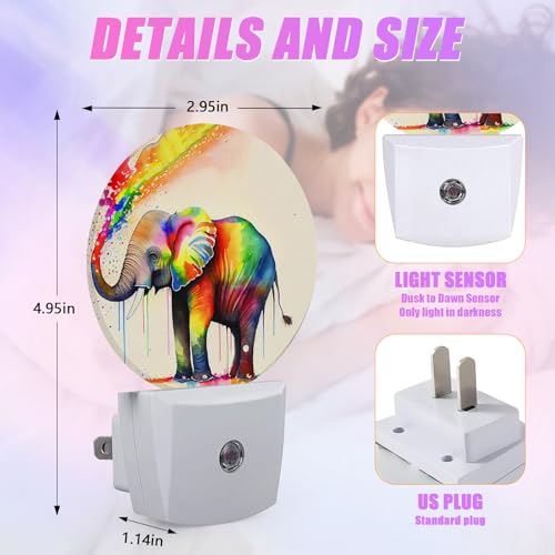 Image of Colorful Elephant Night Light LED Lamp Round Plug into Wall Nightlight with Dusk to Dawn Sensor Home Hallway Stairway Kitchen Decor