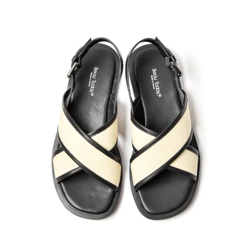Image of BEAU TODAY Flat Sandals for Women,Women's Leather Sandals with 2 Strap,Peep Toe Summer Strap Sandals for Women,Open Toe Buckle Comfortable Dress Sandals Shoes for Women