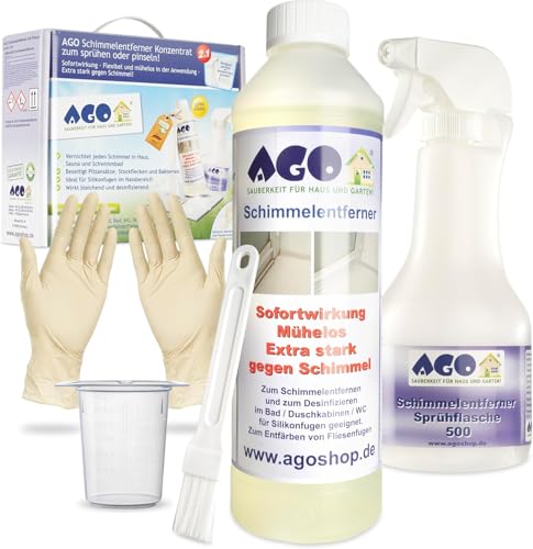 AGO Set 2in1 Profi Schimmelentferner hochkonzentriertes Anti Schimmel Mittel für Wand Bad Dusche und Silikonfugen zum Sprühen und Pinseln 0 5 l