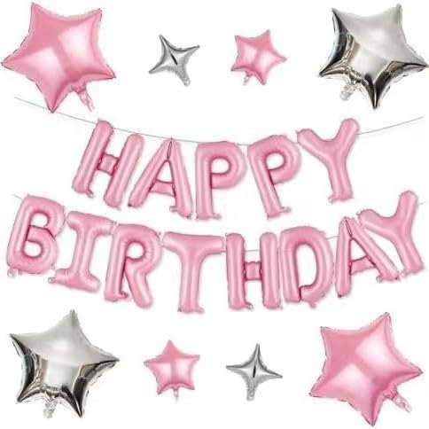 Soft Pink & Silver Star Foil Balloons - Complete Birthday Decor Set with Large Letter Balloons, Hearts, Ribbons & Adhesive Dots for Girls' Party, Wall & Window Decoration, Anniversary Festive Events