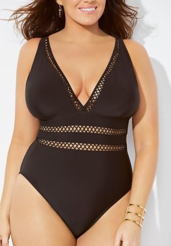 Swimsuits For All Women's Plus Size Tummy Control V Neck Lattice Plunge One Piece Swimsuit with Adjustable Straps4