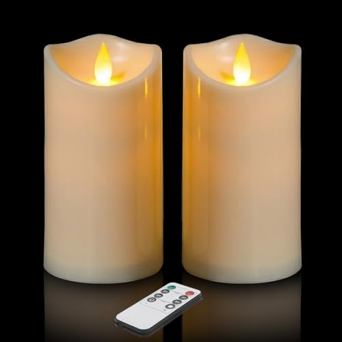 Image of Flameless Candles 3 inchD X 6 inchH Set of 2 Outdoor Indoor Pillars Battery Operated Flickering Candles Include 8-Key Remote Timer Function, Fake Plastic Pillar Candles for Aniversary, Christmas Decor