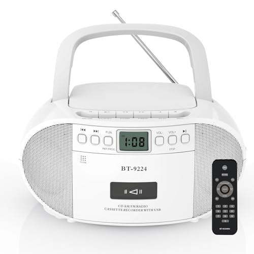 Portable Radio CD Player with Bluetooth, FM Radio, Remote Control, USB Playback, AC/Battery Powered, Compact Boombox with Speakers and Earphone Jack