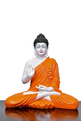 Image of Beautiful Sitting Buddha Idol Statue for Home & Garden Living Room | Healing Spirit Blessing Buddha Statue - 15 Inch Size (Saffron + White)