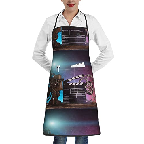 Delantal de poliéster de claqueta de películas con dobladillo de bolsillo, unisex, perfecto para hornear y asar en la cocina del supermercado