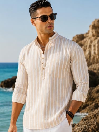 Image of Majestic Man Men's Pure Cotton Striped Mandarin Collar Regular Fit Roll-Up Sleeves Short Kurta