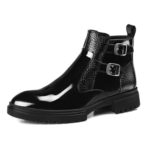 Men's Patent Leather Chelsea Ankle Boots with Zipper and Buckle Fashion Round Toe Lug Sole High Top Motorcycle Combat Boots Comfortable Casual Business Chukka Boots