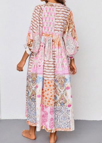 CHARTOU Women Boho Floral Printed Long Dress Summer Lantern Half Sleeve Beach Flowy Loose Swing Sundress2
