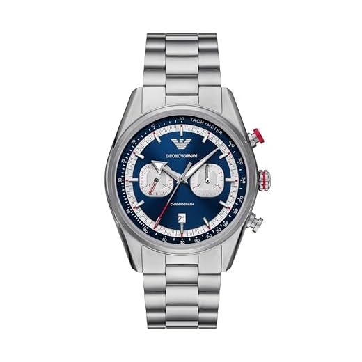 Emporio Armani Relógio cronógrafo masculino com pulseira de aço inoxidável ou couro; relógio social masculino, Mostrador prata/azul, Racer