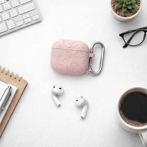 Image of Emoh Roced Case for Airpod 4 with Keychain,Silicone Dinosaur Engraved Cases Compatible with Apple AirPods 4th Generation 2024, Anti-Scratch, Protective Case Cover (Pink, for AirPods 4)