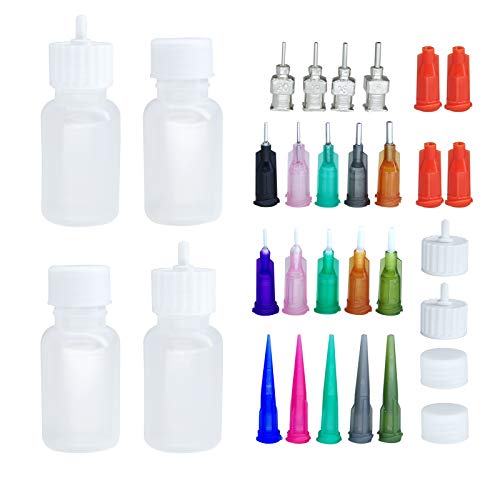 XMASIR - Juego de aplicadores de precisión multiusos, 4 unidades, 1 onza, botella de henna con 8 tapas, 16 puntas de aguja, uso para pasta de tatuaje de henna