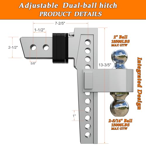 VNN Silver 10-Inch Drop 18,500 lbs Dual-Ball Trailer Hitch (VN0011)
