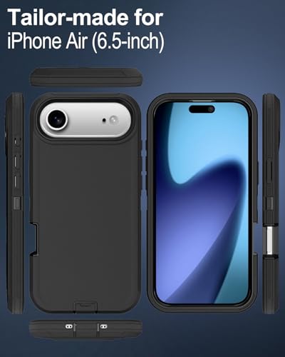Image of for iPhone Air Case with Port Cover, Rubber Matte Finish, Black | 3-Layer Heavy Duty Armor, 16ft Drop Protection, Non-Slip Shockproof & Anti-Fingerprint
