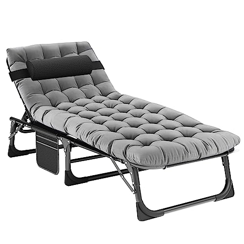 Image of ABORON Patio Lounge Chair, Folding Adjustable Chaise Chair, Max 450LB Load | 5-Gear Adjustable, Zero-Assemble, 75in Length, With Cotton Pad, Side Pocket, for Home, Garden, Beach, Office, Camping