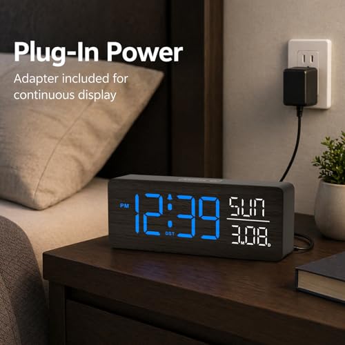 Image of Peakeep Wooden Digital Alarm Clock Large Display, Textured Decoration | for Bedroom Living Room Desk Table, Electric Plug-in Clock Battery Backup with Time Date Day, 5 Brightness, Auto DST