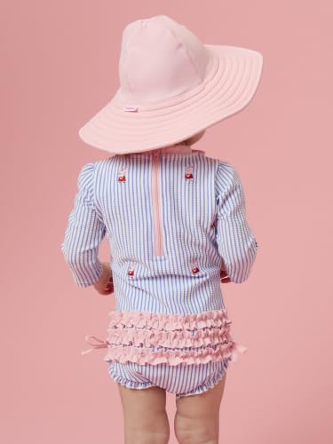 Image of RuffleButts Baby Girls Seersucker Rash Guard - One Piece Swimsuit UPF 50+ | Premium Quality, 4-way Stretch, Snap + Zipper Closure, Long Sleeves, Hand Wash, UPF 50+ Sun Protection