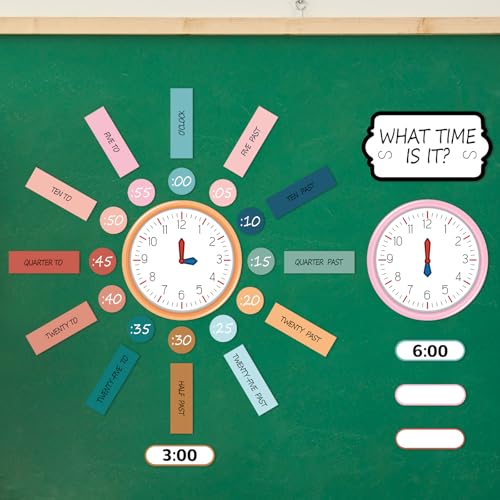Image of Kosiz 55 Pcs Boho Telling Time Bulletin Board Kit Teaching Clock for Kids Back to School Analog Clock Number Labels Learn to Tell Time Practice Prop 1st 2nd 3rd Grade Classroom Home Supply