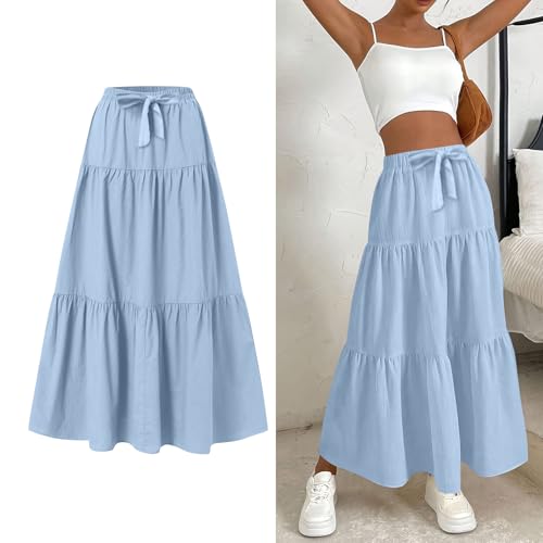Women's Elastic High Waist A Line Maxi Skirt with Retro Pleated Design Fashion Flared Dress for Casual and Vacation Wear Apricot2