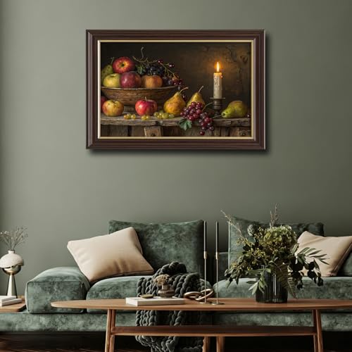 Image of Antique Framed Fruit Still Life Canvas Art, Candlelit Rustic Farmhouse Oil Painting Canvas Prints, Vintage Kitchen Wall Decor Pictures for Living Room Bedroom Home