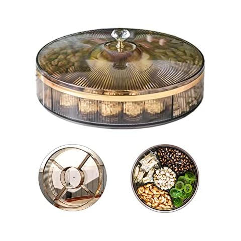 Snack Serving Tray,Taxually Round Plastic Divided Serving Tray with Lids,5 Compartment Food Storage Organizer for Dried Fruits, Nuts, Candies, Sweet Cookies and Fruits(Grey) Cover