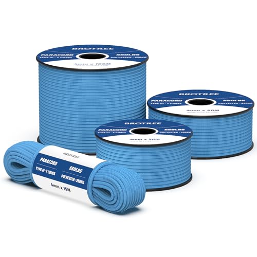 Brotree 550 Paracord 4mm 15m Cuerda Paracaidas 100% Poliéster Tipo III 7 Hebras para Al Aire Libre, Exterior, Supervivencia - Azul Celeste