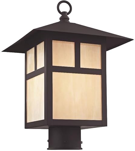 Livex Lighting 2134-07 Montclair Mission 1 Light Outdoor Bronze Finish - Cabezal de poste de latón macizo con vidrio Tiffany iridiscente