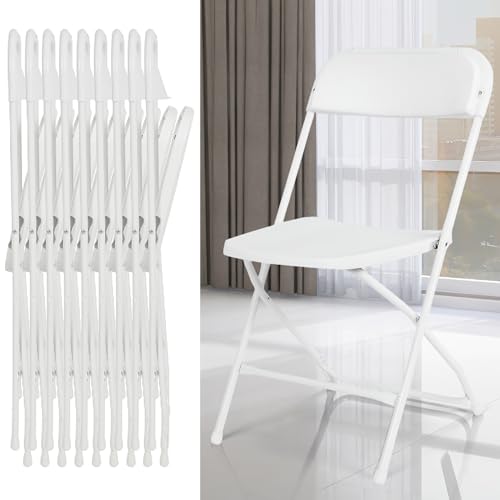 EconoHome 10 Pack White Plastic Folding Chairs, Heavy-Duty Steel Frame, Portable Stackable Foldable Chairs with Non-Slip Feet – Commercial Indoor/Outdoor Seating for Events, Weddings, Office, Parties