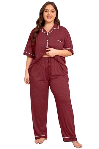 Image of Vozanet Women Plus Size Pajamas Button Down Rayon Softness PJS Classic Sleepwear Short Long Loungewear 2pcs with Pockets