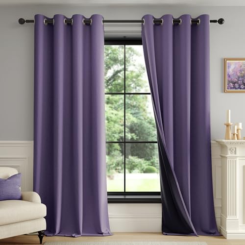 Image of FMFUNCTEX 100% Blackout Curtains for Bedroom, Purple Curtains 84 Inches Long Textured Thermal Insulated Curtains for Living Room Drapes, Black Out Drapery Grommet Room Darkening 2 Panels