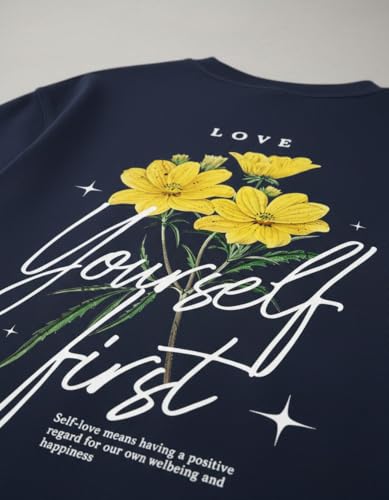 Image of Oversized Cotton T-Shirt for Women Half Sleeve - Love Yourself First Printed Tee - Breathable Loose Fit Motivational Casual Wear for College and Daily Outfits