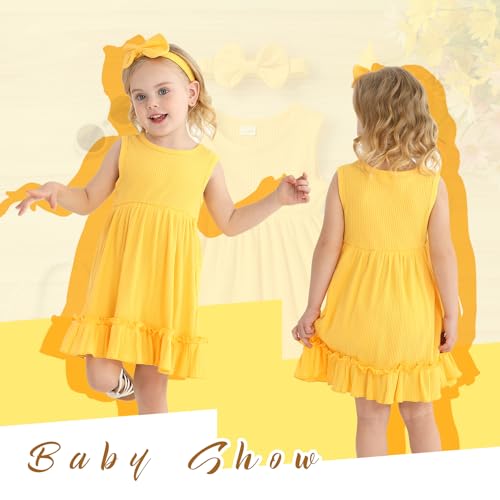 YOUNGER TREE Toddler Girl Summer Sundress Sleeveless Casual Dress Ruffle Hem Cotton Solid Outfits with Bowknot3