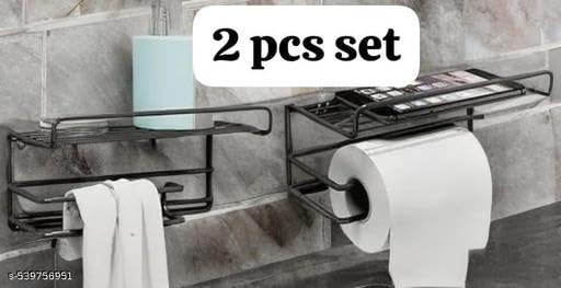 2 PIS Set No Drill Self Adhesive Toilet Paper Holder/Tissue Paper Roll Holder with Mobile Stand/Towel Holder/Bathroom Accessories (Black, Pack of 2)2PIS (Mobile+Tissue) / 515_KP2191 1