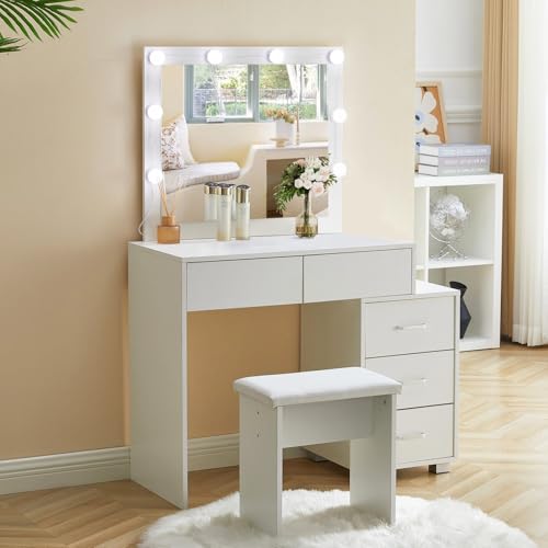 LEMROE Tocador con Espejo, Taburete Acolchado y Maquillaje LED Con Iluminación Regulable y Cajones (DR-0266)