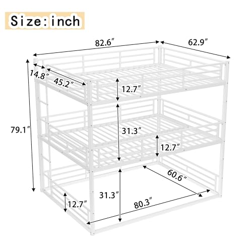 Image of Queen Over Queen Over Queen Bunk Bed with Safety Guardrails, Modern Metal Triple Bed Frame for Kids, No Box Spring Required, White