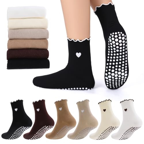 scenicamp 6 Pairs Women's Pilates Non Slip Socks Heart-shaped Ruffled Yoga Socks for Ballet Barre Hospital Gym