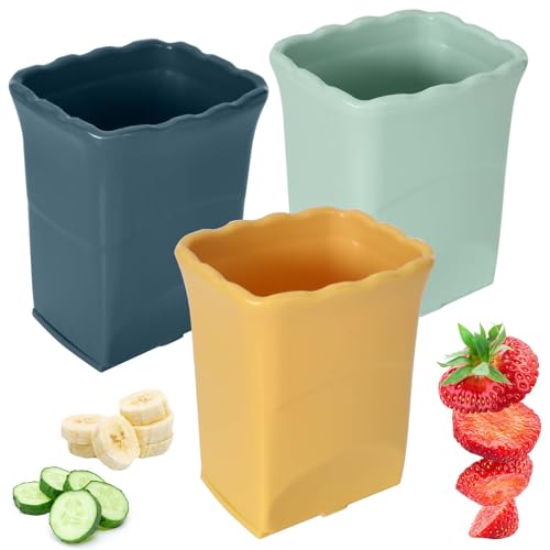 Luxvara Juego de 3 Cortador de Frutas, Cortador de Tazas, Cortadora de Frutas de Mano, Rebanador Taza de Acero Inoxidable para Ensaladas y Fruta Cortada (Amarillo, Azul, Verde)
