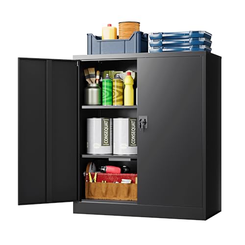 LISSIMO Metal Storage Cabinet, Wide & Deep Storage Cabinet with 2 Doors and Adjustable Shelves, Lockable Tool Cabinet for Garage,Home Office and School (Black)