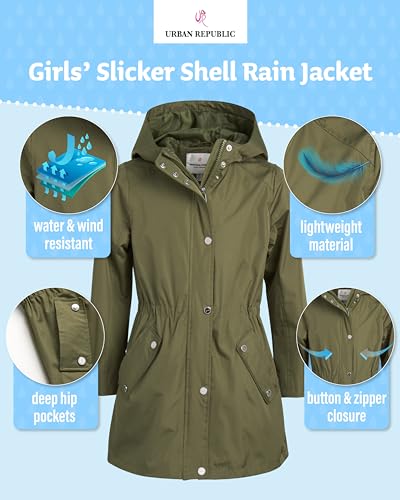 Image of URBAN REPUBLIC Girls Rain Jacket - Lightweight Slicker Shell Rain Coats for Girls Hooded Windbreaker Kids Raincoat