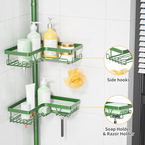 Image of KEGII Shower Caddy Tension Pole, 4-Tier Rustproof Adjustable Corner Bathroom Organizer for Renters, 25-114.2 Inch No Drill Space-Saving Shower Storage Rack, Emerald Green