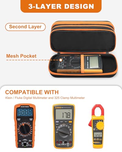 Image of Hard Tool Carrying Case Compatible with Klein Tools 80101 /ET310 AC Circuit Breaker Finder, Fluke Digital Multimeter /325 Clamp Multimeter, Electric Tester Bag with Zipper, Black (Empty Bag)