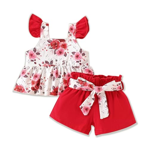Image of Vitalique 3-18M Newborn Baby Girl Pink Outfits Set Ruffle Sleeve Floral Top + Soild Shorts with Belt