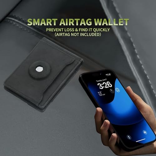 Slim Airtag Wallets for Men, Smart Wallet With Money Holder RFID NFC Blocking Genuine Crazy Horse Leather Wallet, Credit Card Holder With Minimalist Gifts for Men (No Air tag Included)-Black3