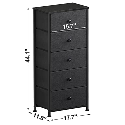REAHOME Dresser for Bedroom with 5 Drawers, Fabric Chest of Drawers, Sturdy Steel Frame, Wood Top, Large Capacity Organizer Tower for Living Room, Entryway, Office, Black Grey