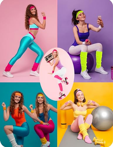 Image of v28 Neon Leg Warmers Set for women Headband Sweatbands Wristbands 80s 90s Pink Running Fanny 80's Plus Size Costumes Pack