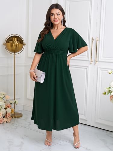 Image of SHESTARR Womens Plus Size Wrap V Neck Dress Short Flutter Sleeve Pleated Empire Waist Ruffle A Line Maxi Long Dresses